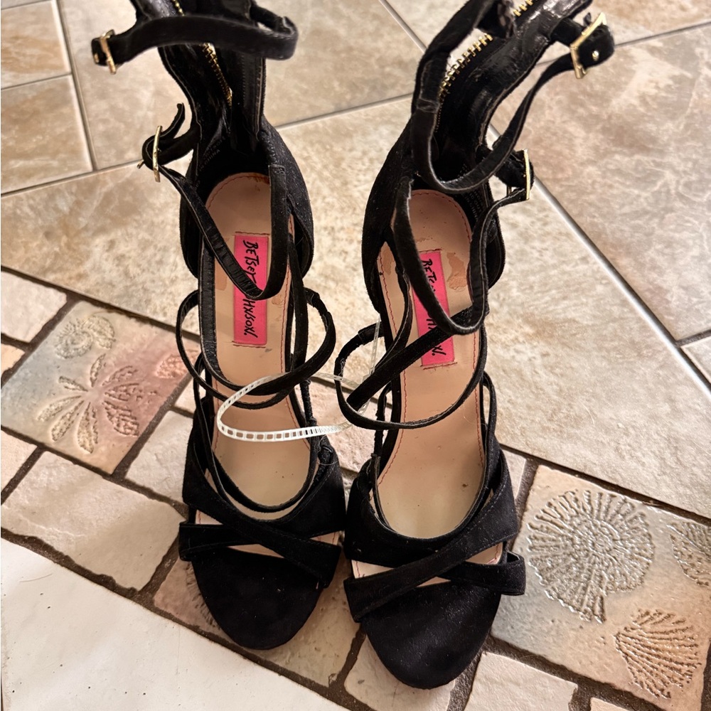 Betsey Johnson Black Strappy Heels with Gold Accents
